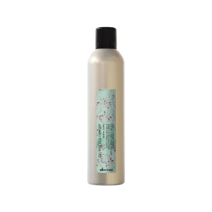 Frasco de produto de beleza Davines com design minimalista e rótulo com ilustrações florais em tons de verde e vermelho. Embalagem cilíndrica com tampa preta.
