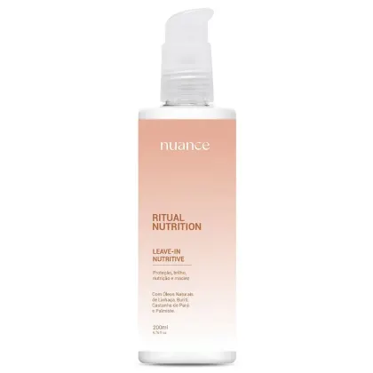 Leave-in nutritivo da linha Ritual Nutrition da marca Nuance. O frasco possui uma embalagem branca com detalhes em cor de pêssego, com o nome da marca e do produto claramente visíveis.