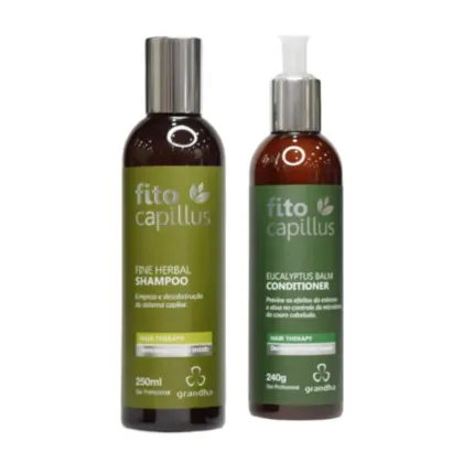 Frascos de shampoo e condicionador da marca Fito Capillus, com embalagens verdes e marrons. O shampoo tem 250ml e o condicionador 240g.
