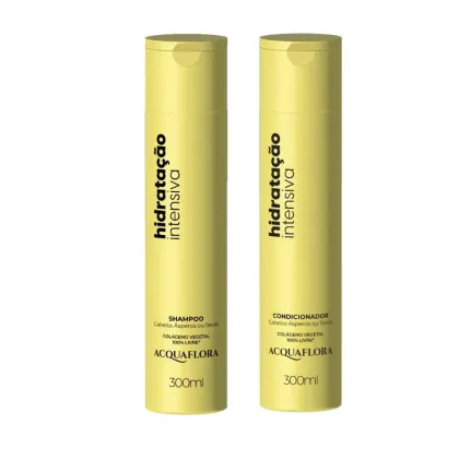 Dois frascos amarelos de 300ml da linha Hidratação Intensiva da Acquaflora, contendo shampoo e condicionador com colágeno vegetal 100% livre, indicados para cabelos asperos ou secos.