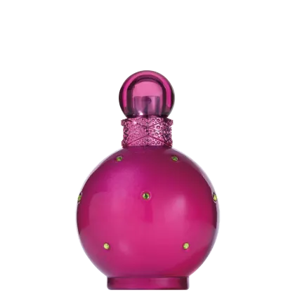 Perfume em frasco de vidro arredondado na cor rosa vibrante. O frasco possui detalhes decorativos rendados em volta do gargalo e pequenos cristais dourados incrustados no corpo. A tampa superior é uma esfera de vidro rosa escuro.