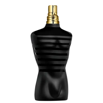 A imagem mostra o perfume Le Male Le Parfum Jean Paul Gaultier um frasco preto e dourado com design em formato inspirado no torso masculino icônico da maison