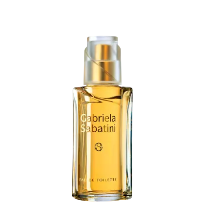 Frasco de perfume Gabriela Sabatini em formato retangular, com tampa dourada e rótulo amarelo com o nome da marca em destaque. O produto é uma Eau de Toilette, com a embalagem em vidro transparente que permite visualizar o líquido dourado no interior.