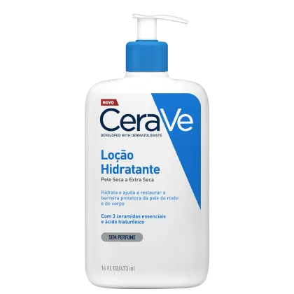 Frasco branco com bomba pump azul da linha CeraVe, contendo loção hidratante para pele seca a extra-seca, com 3 ceramidas essenciais e ácido hialurônico, sem perfume.
