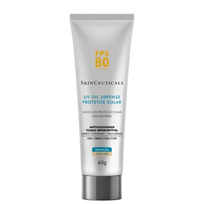 Tubo de protetor solar SkinCeuticals FPS 80 com tecnologia antimanchas, embalagem branca com detalhes em amarelo, informações sobre o produto e sua composição.