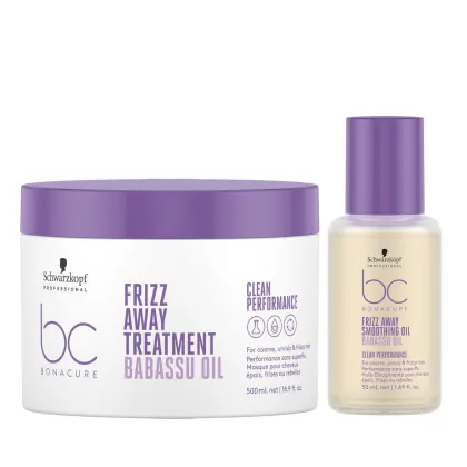 Schwarzkopf Professional Bonacure Frizz Away Treatment Babassu Oil, um tratamento para cabelos rebeldes e crespos em embalagem branca e roxa, com frasco adicional de óleo alisante.