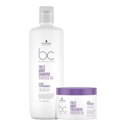 Schwarzkopf Professional Bonacure Frizz Away Shampoo e Tratamento Babassu Oil em embalagens brancas e roxas. O shampoo possui 1L e o tratamento 500ml, com rótulos indicando os benefícios de controle de frizz e limpeza suave.