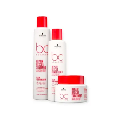 Três produtos da linha Bonacure da Schwarzkopf Professional: shampoo, condicionador e tratamento reparador para cabelos danificados, em embalagens brancas e vermelhas com o logotipo da marca.