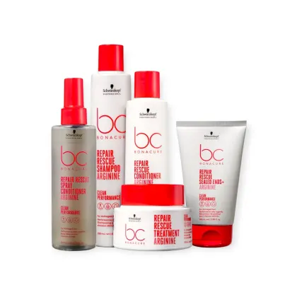 Produtos da linha Bonacure da Schwarzkopf Professional, incluindo spray condicionador, shampoo, condicionador e tratamento para cabelos danificados, em embalagens brancas e vermelhas.