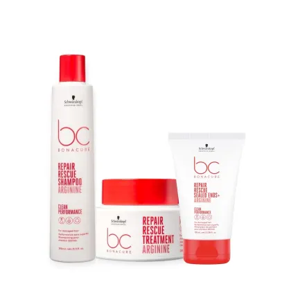 Produtos da linha Bonacure da Schwarzkopf Professional: shampoo de resgate com arginina, tratamento de resgate com arginina e selante de pontas com arginina, em embalagens brancas e vermelhas.