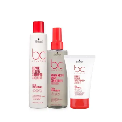 Três produtos da linha Bonacure da Schwarzkopf Professional: shampoo, spray condicionador e creme para cabelos danificados, com embalagens brancas e vermelhas.