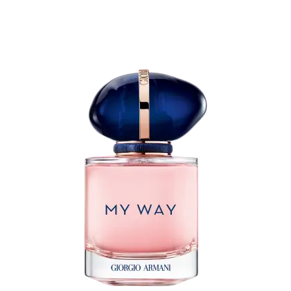 Frasco de perfume da linha "My Way" da Giorgio Armani, com tampa oval e detalhes em dourado, apresentando o nome da marca em destaque.