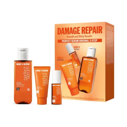 Conjunto de produtos de tratamento capilar da marca Mise en Scène, incluindo shampoo, tratamento e sérum, em embalagens de plástico e caixa de papelão laranja com texto "Damage Repair" e "Perfect Serum Original 3-Step".