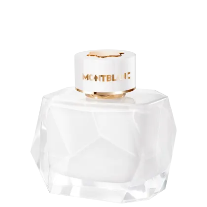 Perfume em frasco de vidro transparente com formato geométrico facetado. O design é minimalista e elegante, característico da marca de luxo Montblanc.