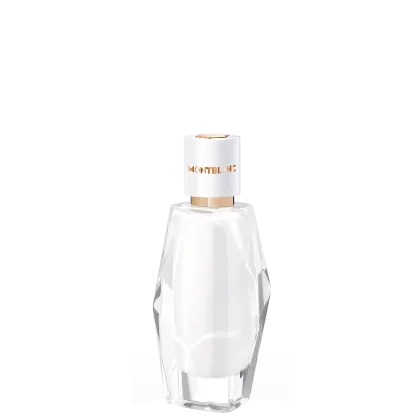 Perfume em frasco de vidro transparente com formato geométrico facetado. O design é minimalista e elegante, característico da marca de luxo Montblanc.
