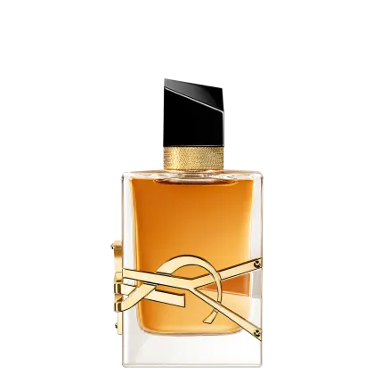 Frasco de perfume Yves Saint Laurent com design elegante em preto e dourado. Recipiente de vidro transparente contendo líquido âmbar, com tampa e detalhes metálicos dourados. Rótulo com logotipo da marca em destaque.