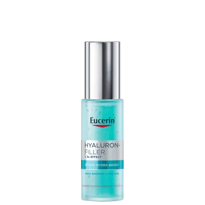 Frasco de sérum hidratante da marca Eucerin, com rótulo em azul claro e texto "Hyaluron-Filler + 3x Effect Serum Hydra Boost" em branco.