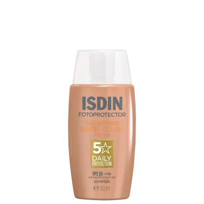Frasco de protetor solar ISDIN Fotoprotector Fusion Water Magic Color Media, com fator de proteção solar 50.