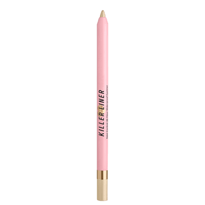A imagem mostra um lápis de olho nude com embalagem rosa com detalhes dourados na base. Embalagem alongada com o nome da linha Killer Liner está impresso ao longo do corpo do lápis.