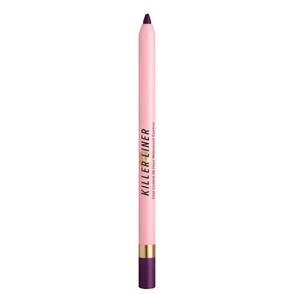 A imagem mostra um lápis de olho roxo. O lápis é alongado e possui uma ponta afiada em roxo. O corpo do lápis é rosa claro e tem o nome da linha "Killer Liner". Na parte inferior, há um detalhe dourado que parece ser a base do lápis.