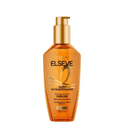 Frasco de óleo capilar da marca L'Oréal Elseve, com embalagem em tom laranja e dourado. 