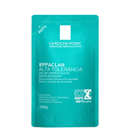 Embalagem de gel de limpeza facial da marca La Roche-Posay, na cor verde, com rótulo destacando o nome "Effaclar Alta Tolerancia" e informações sobre o produto, como "Purifica a pele oleosa com suavidade" e "Reduz o excesso de oleosidade".