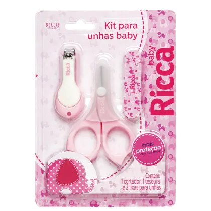 Kit de manicure para bebês contendo cortador de unhas, tesoura e lixas de unha em embalagem rosa com estampa de bolinhas e texto em português "Kit para unhas baby".