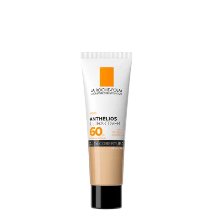 Tubo de protetor solar da marca La Roche-Posay, com embalagem branca e laranja, rotulado como "Anthelios Ultra Cover SPF 60", indicando alta proteção solar.