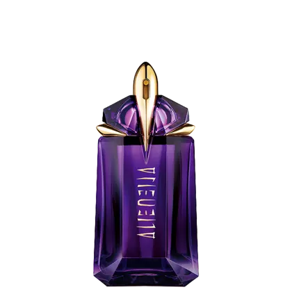Frasco de perfume de vidro de cor roxa com tampa dourada em formato de foguete. O rótulo exibe o nome "Alien" em letras douradas.
