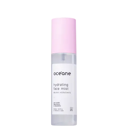 Frasco cilíndrico transparente com rótulo branco e tampa rosa.