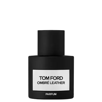 Frasco de perfume preto fosco da marca Tom Ford, com rótulo branco destacando o nome "Ombre Leather" e a palavra "Parfum". O design é minimalista e elegante, com uma tampa preta cilíndrica.