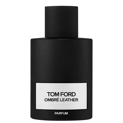 Frasco de perfume preto fosco da marca Tom Ford, com rótulo branco destacando o nome "Ombre Leather" e a palavra "Parfum". O design é minimalista e elegante, com uma tampa preta cilíndrica.