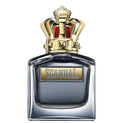 Frasco de perfume Jean Paul Gaultier Scandal, com design elegante em tons de preto e dourado. Embalagem com coroa dourada no topo, destacando o nome da fragrância em letras douradas.