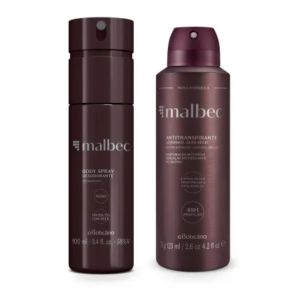 Dois frascos da marca Malbec na cor vinho com letras cinzas, sendo um frasco de body spray e outro frasco de desodorante antitranspirante aerossol.