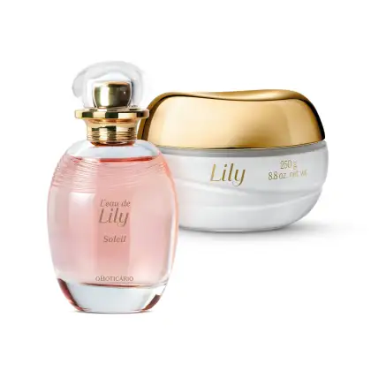 Vidro ovalado com líquido rosa, pulverizador dourado e tampa redonda transparente de desodorante colônia Lily Soleil e pote de vidro de conteúdo branco com tampa e letras douradas de creme acetinado hidratante da mesma marca.