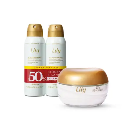 Três itens da marca Lily na cor branca com tampa e letras douradas, sendo dois frascos de desodorante antitranspirante aerossol e um pote de creme acetinado hidratante corporal.