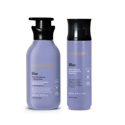 Dois frascos da marca Nativa SPA Lilac na cor lilás com tampa preta, sendo um com bomba dosadora de loção corporal e o outro com tampa spray de body splash.