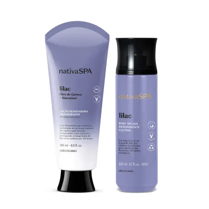 Frasco em degradê de lilás e branco com tampa e letras pretas de loção corporal e frasco lilás de tampa preta e letras brancas e pretas de body splash, ambos da marca Nativa Spa Lilac.