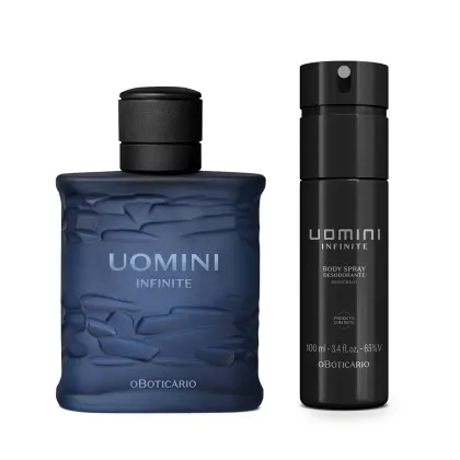 Dois itens da marca Uomini Infinite: vidro quadrado com linhas onduladas na cor azul escura com tampa preta e letras azuis de desodorante colônia e frasco preto com letras douradas de body spray.