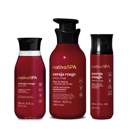Conjunto de produtos da linha Cereja Rouge da marca Nativa SPA. Inclui um sabonete líquido de 250ml em frasco vermelho, uma loção corporal hidratante de 400ml em frasco vermelho maior e um splash corporal desodorante colônia de 200ml em frasco vermelho.