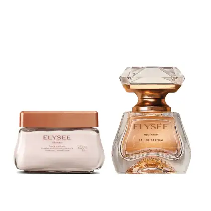 A imagem mostra dois produtos da linha Elysée do Boticário. Eau de Parfum "Elysée" de 50ml e creme corporal hidratante desodorante de 250g.