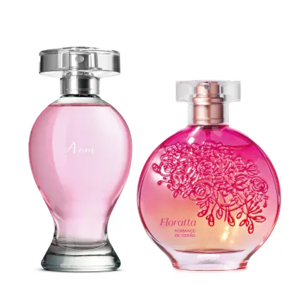 Dois vidros de desodorante colônia transparentes com líquidos rosa, sendo um de 100ml em formato curvilíneo com borrifador prateado  da marca Boticollection Anni e outro de 75ml em formato redondo com flores em relevo da marca Floratta Romance de Verão.