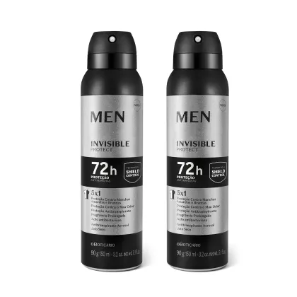 Dois frascos pretos de antitranspirante aerosol da marca Men Invisible Protect, com rótulos em prata e branco, exibindo informações sobre proteção contra manchas e odores por 72 horas.