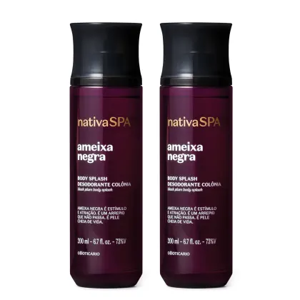 Dois frascos de 200 ml da linha Nativa SPA, com rótulo "ameixa negra" e descrição de "body splash desodorante colônia". Embalagens pretas com detalhes em roxo escuro, apresentando informações sobre o produto.