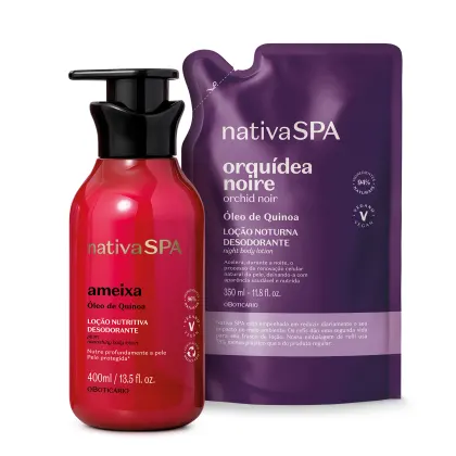 Imagem de duas embalagens contendo loção hidratante corporal Nativa SPA: um frasco rosa vibrante com tampa preta da linha Ameixa e um refil em sachê roxo da linha Orquídea Noire.