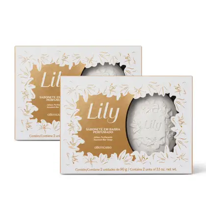Imagem de duas caixas brancas com detalhes dourados, cada uma trazendo dois sabonetes em barra perfumados de 90g da marca Lily. Opção de presente ideal para pessoas especiais.