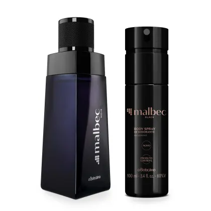 Imagem do moderno vidro preto com letra prata do desodorante colônia Malbec Noir e um frasco preto com letras douradas de body splash Malbec Black