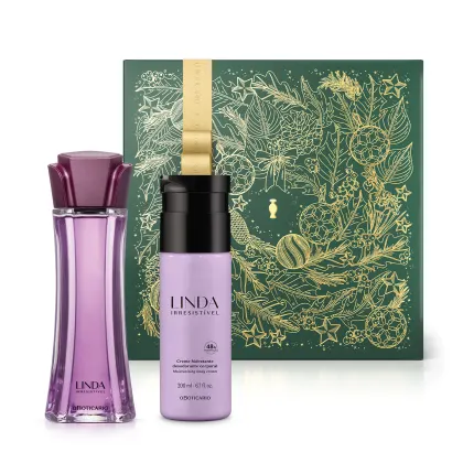 Imagem de kit com desodorante colônia e creme hidratante da marca Linda Irresistível, em embalagens de frasco e bisnaga, nas cores roxo e preto, apresentados em caixa verde decorativa com ilustrações florais em dourado.