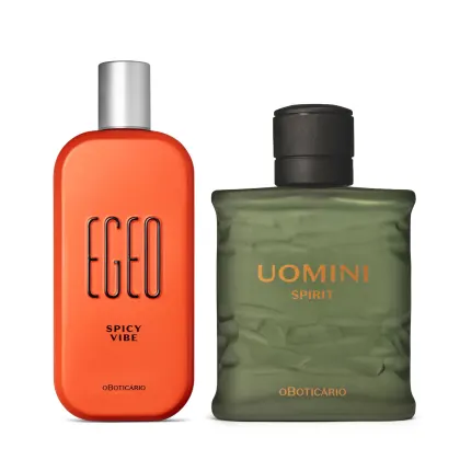 Imagem de dois frascos de perfumaria da marca O Boticário: um frasco laranja com tampa prateada e rótulo "Ego Spicy Vibe" e outro frasco verde com tampa preta e rótulo "Uomini Spirit".