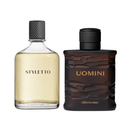 Imagem de dois item de perfumaria masculina Boticollection: um com rótulo "Styletto" em frasco de vidro transparente com líquido amarelado; outro com rótulo "Uomini" em frasco de vidro escuro com textura enrugada e rótulo "Uomini" em dourado.